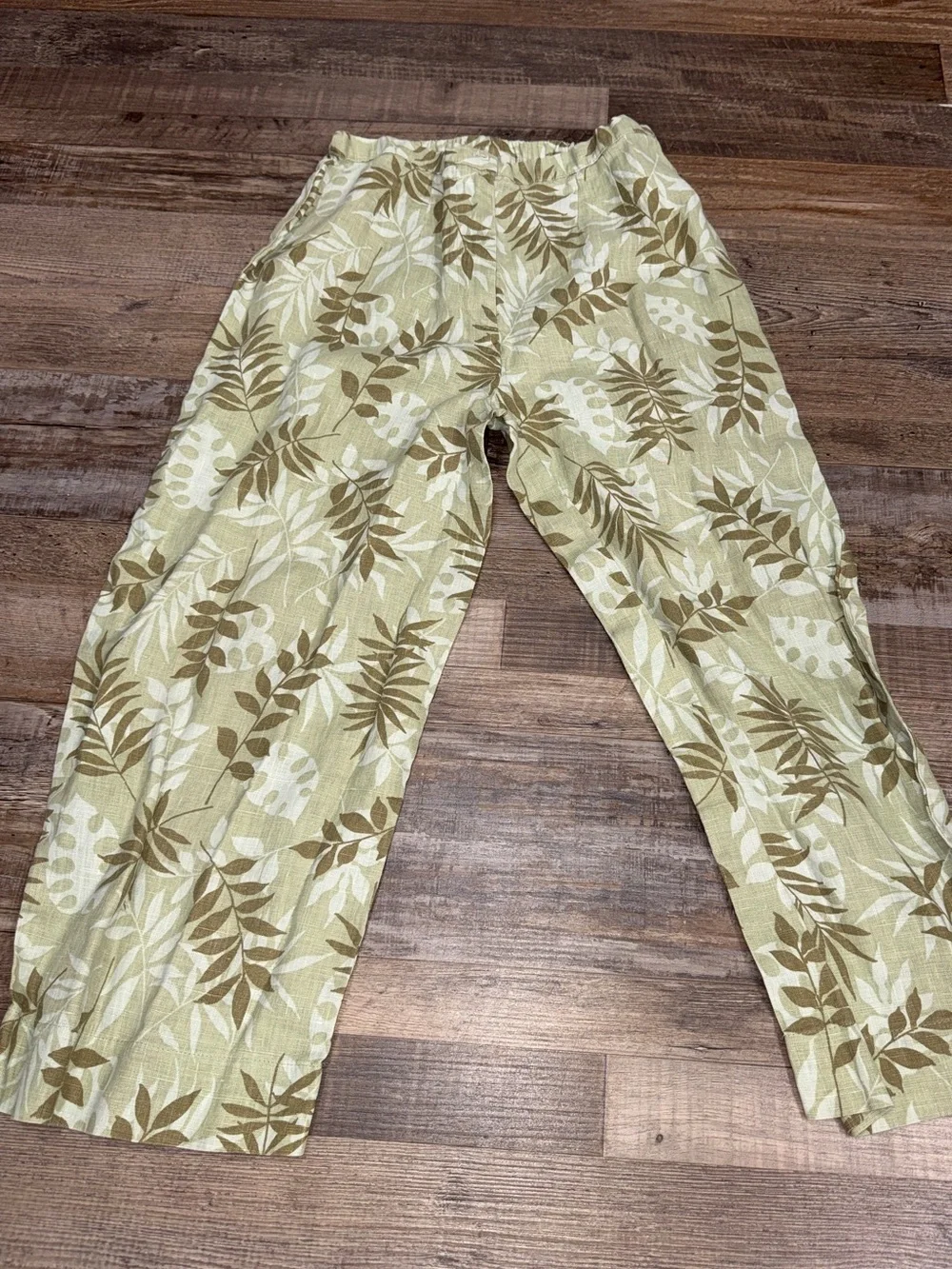 Kathleen Sommers Linen Cropped Linen Pants Size 8 Green Leaf Print Lightweight